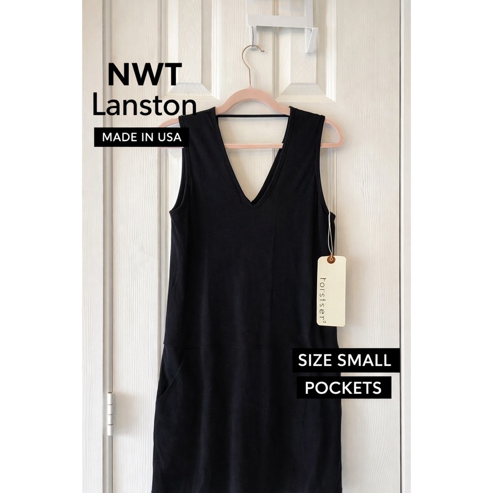 Lanston Black Sleeveless V-Neck Shift Dress Women's Small Made USA Pockets NWT